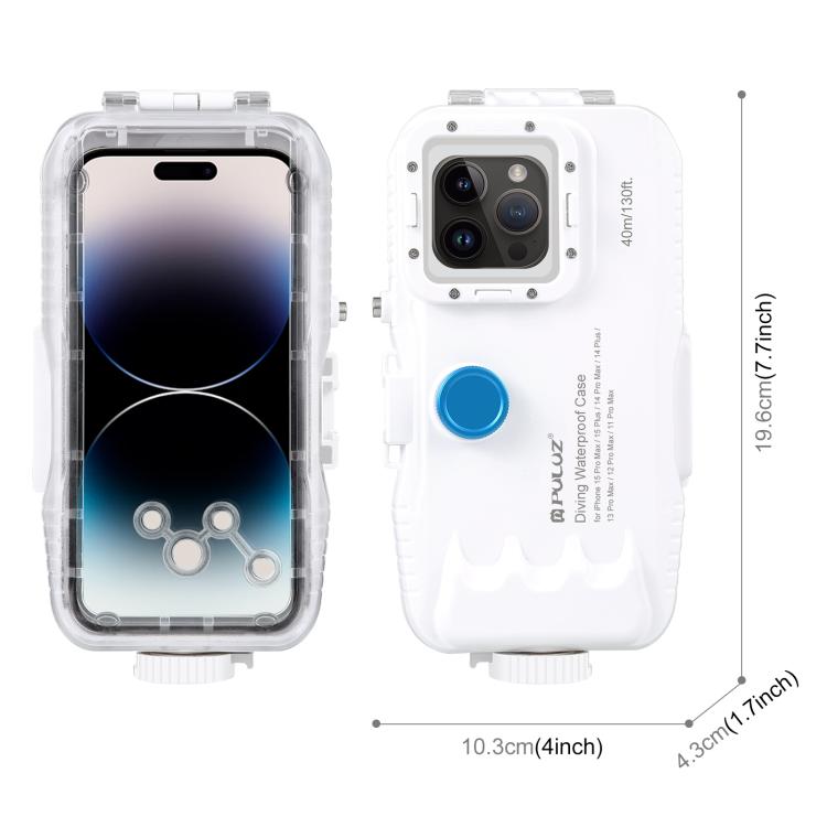 [US Warehouse] PULUZ 40m/130ft Waterproof Diving Case for iPhone 15 Pro Max / 15 Plus / 14 Plus / 14 Pro Max / 13 Pro Max / 12 Pro Max / 11 Pro Max, with One-way Valve Photo Video Taking Underwater Housing Cover