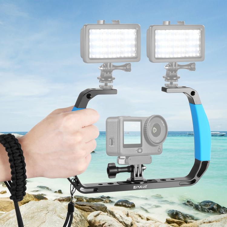 PULUZ Dual Silicone Handles Aluminium Alloy Underwater Diving Rig for GoPro, DJI OSMO Action, Insta360 and Other Action Cameras (Blue)