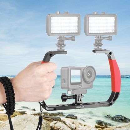 PULUZ Dual Silicone Handles Aluminium Alloy Underwater Diving Rig for GoPro, DJI OSMO Action, Insta360 and Other Action Cameras (Red)