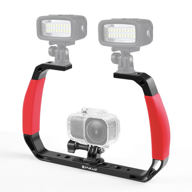 PULUZ Dual Silicone Handles Aluminium Alloy Underwater Diving Rig for GoPro, DJI OSMO Action, Insta360 and Other Action Cameras (Red)