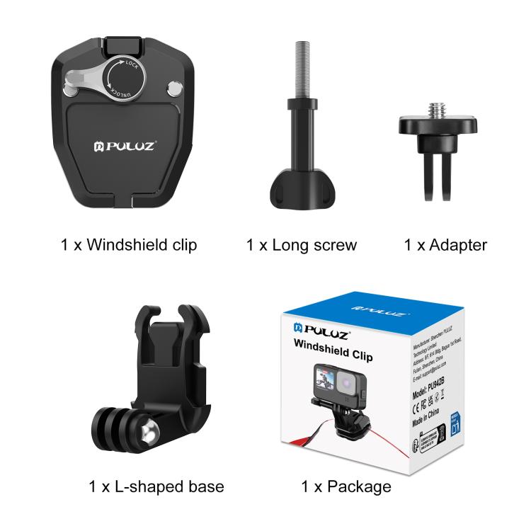 PULUZ Motorcycle Windshield Action Camera Mount Clip for GoPro Hero12 Black / DJI Osmo Action 4 / Insta360 X4 / Ace Pro and Other Action Cameras (Black)