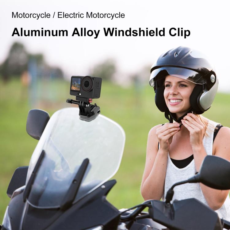 PULUZ Motorcycle Windshield Action Camera Mount Clip for GoPro Hero12 Black / DJI Osmo Action 4 / Insta360 X4 / Ace Pro and Other Action Cameras (Black)