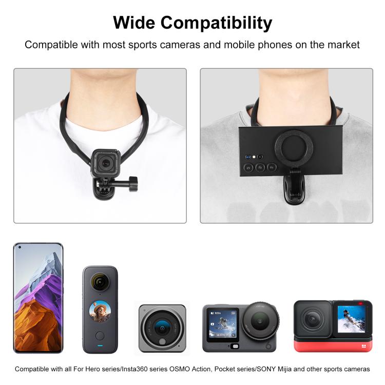 Support de collier magnétique PULUZ pour montage POV avec pince de téléphone pour caméras d'action GoPro / téléphones (Noir)