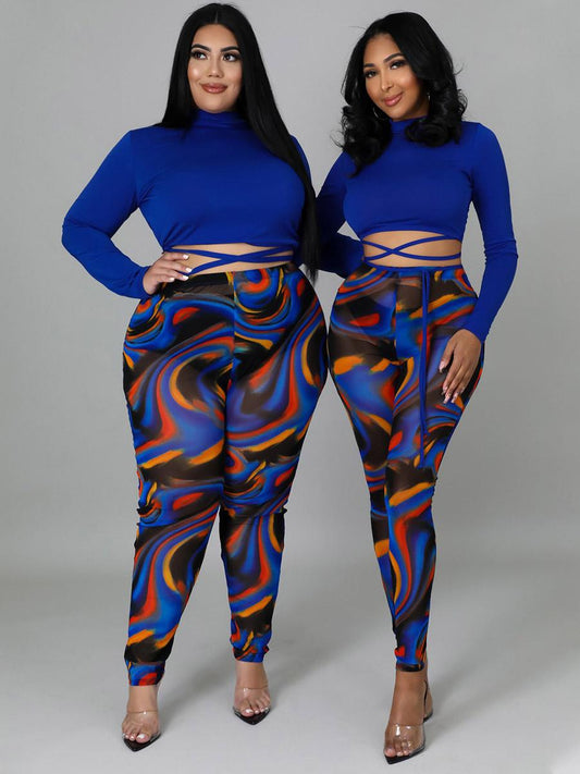 Ensemble Haut Court Uni Et Pantalon Imprimé Grande Taille