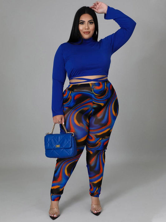 Ensemble Haut Court Uni Et Pantalon Imprimé Grande Taille