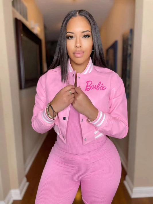 Vestes de baseball rose Barbie en similicuir pour la mode automne