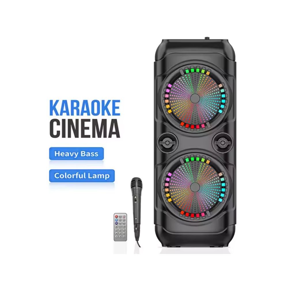 Enceinte de fête portable – Double basse 8'', anneaux lumineux LED, micro sans fil et karaoké (ZQS8229/30)