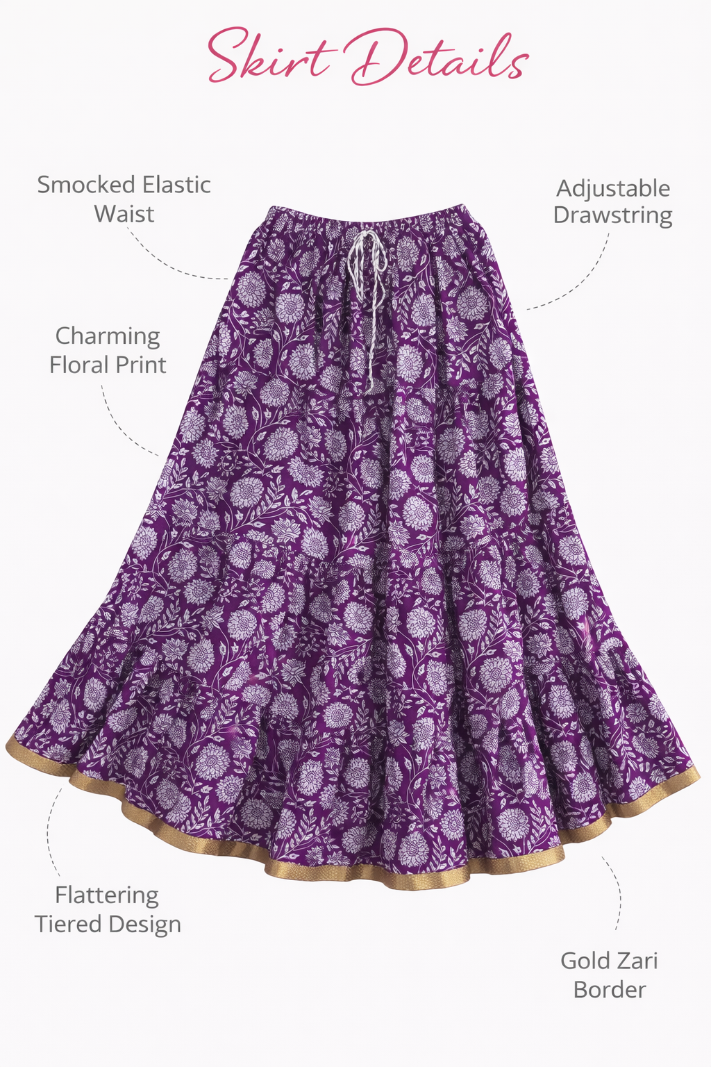 Blackfever Purple Floral Tiered Cotton Maxi Skirt with Gold Border-  Free Size