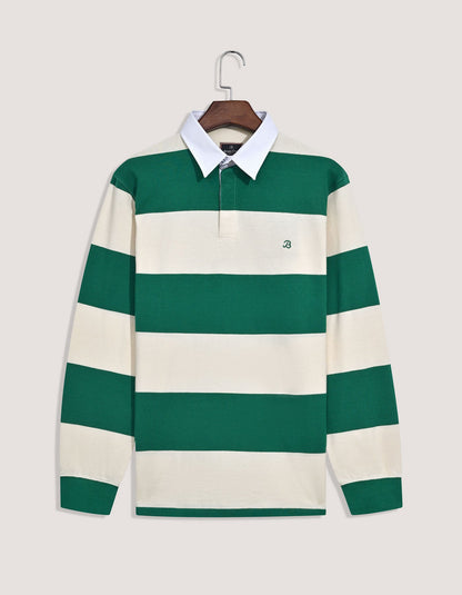 Off White & Green Relaxed Fit Striped Rugby Shirt