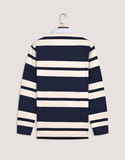 Navy Relaxed Fit Rugby Shirt with Cream Stripes