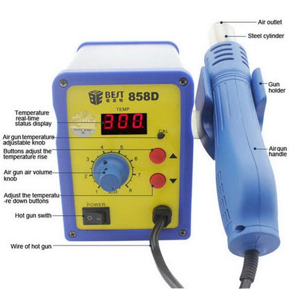 BEST BST-858D AC 220V 50Hz 650W Affichage LED Pistolet à Air Chaud Sans Plomb à Température Réglable avec Vent Hélicoïdal (Bleu)