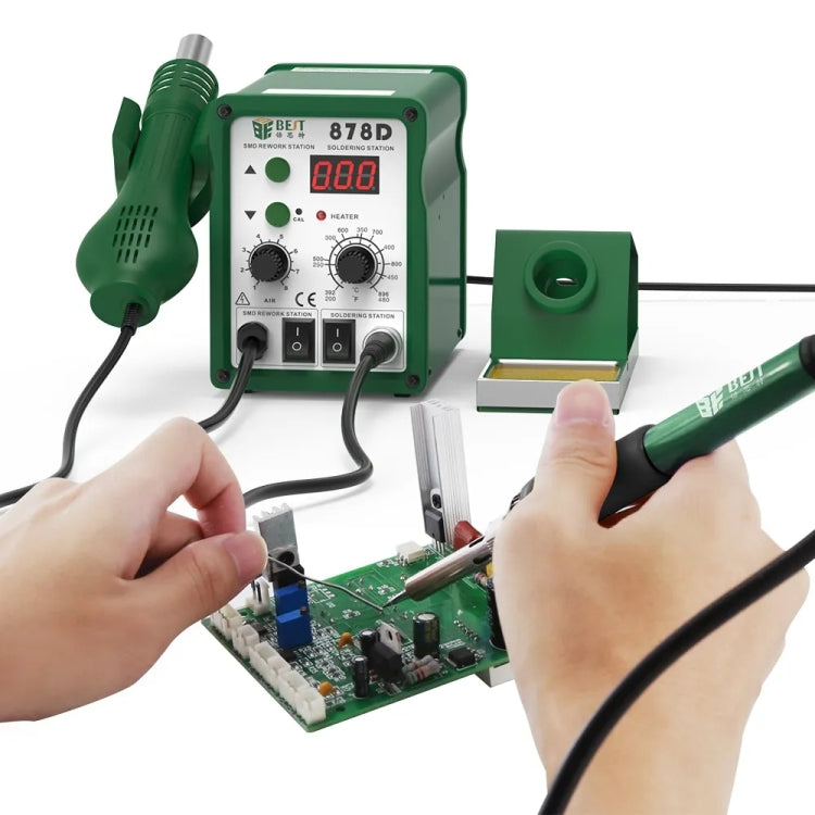 BEST BST-878D 2 in 1 Adjustable Temperature Hot Air Gun with Electric Soldering Iron Rework Station, US Plug(Green)