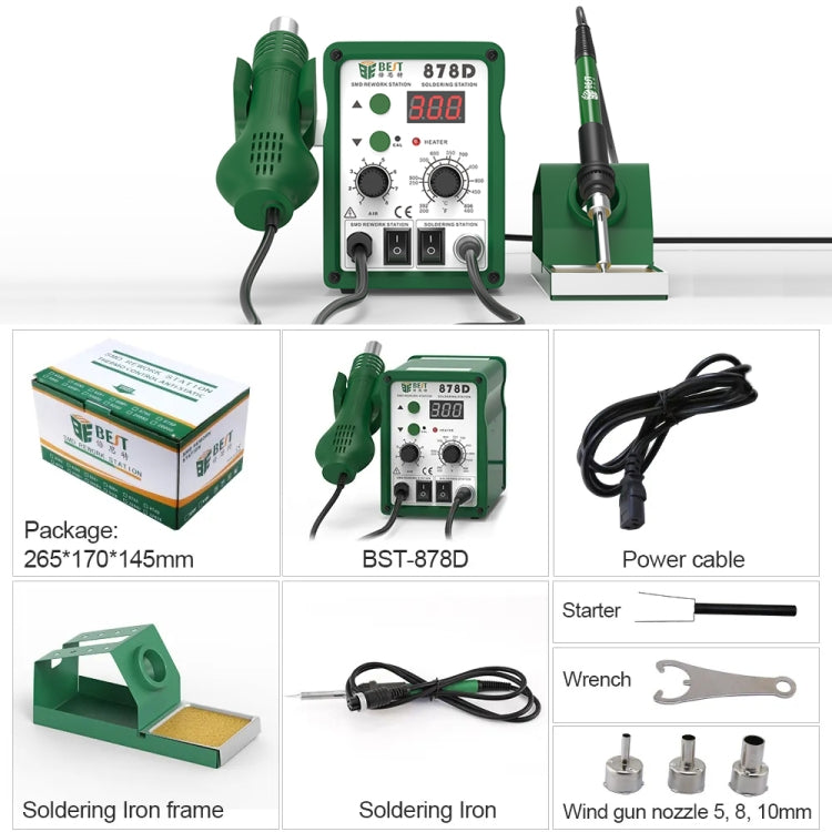 BEST BST-878D 2 in 1 Adjustable Temperature Hot Air Gun with Electric Soldering Iron Rework Station, US Plug(Green)