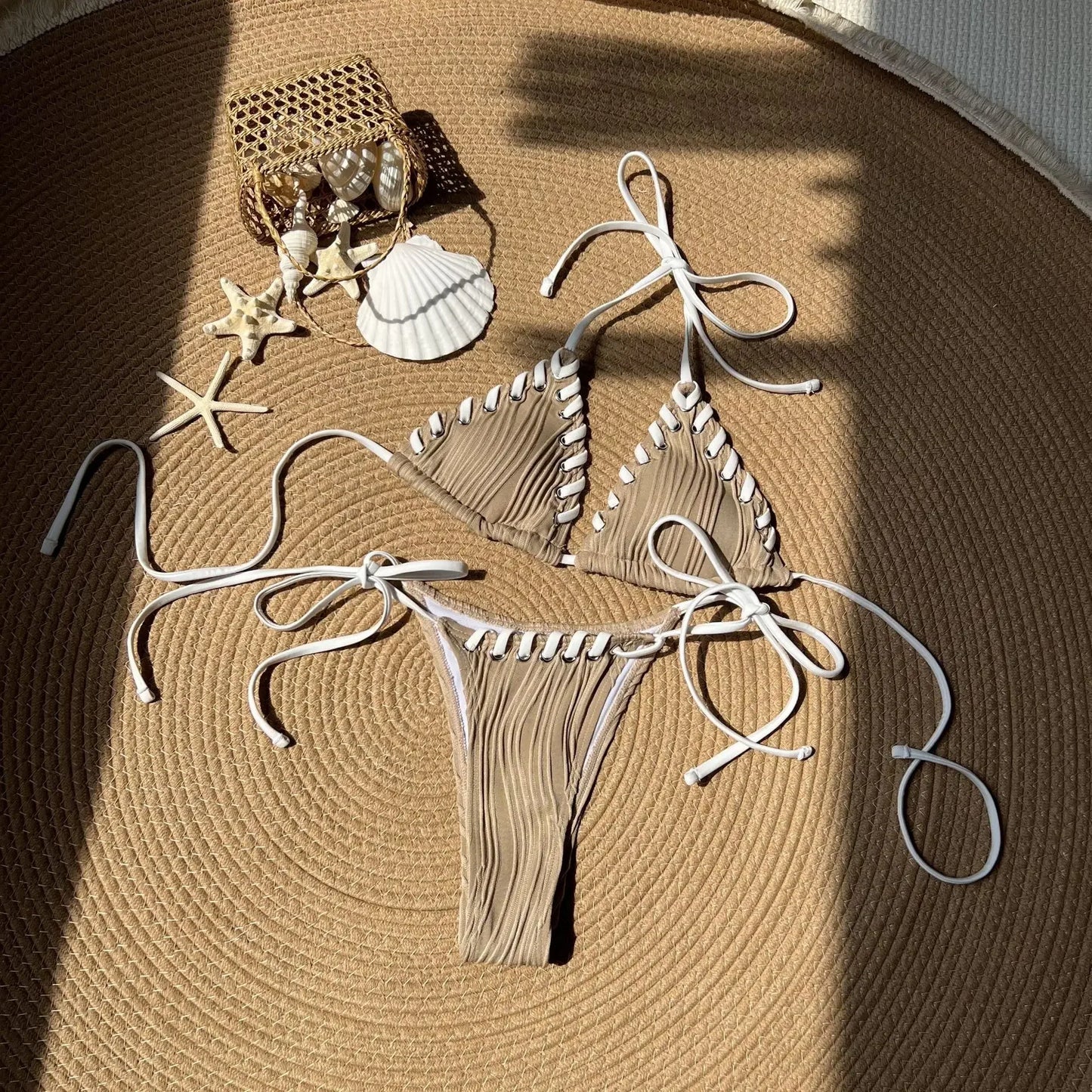 2025 Halter Wrinkled Weave Bikini Women Swimwear Female Swimsuit Two Pieces Bikini Set Brazilian Bathing Suit Swim Beach Wear