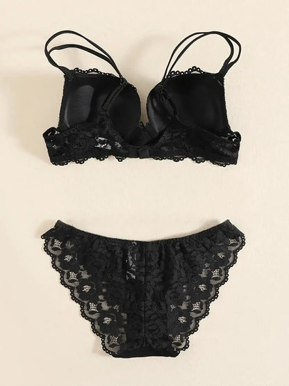 1 Set Elegant Erotic Lace Embroidery Breathable Fabric Lingeries : Push-Up Bra, Low Waist Sheer Panty - Ultimate Valentine's Day