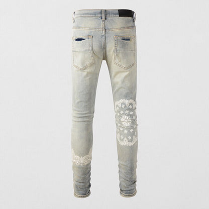 High Street Retro Light Gray Blue Stretch Hole Ripped Jeans