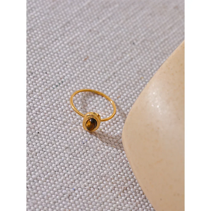 Yhpup Fashion Natural Stone Stainless Steel Oval Thin Chic Ring Women 18K PVD Plated Waterproof Jewelry Accessories 2024 Gift