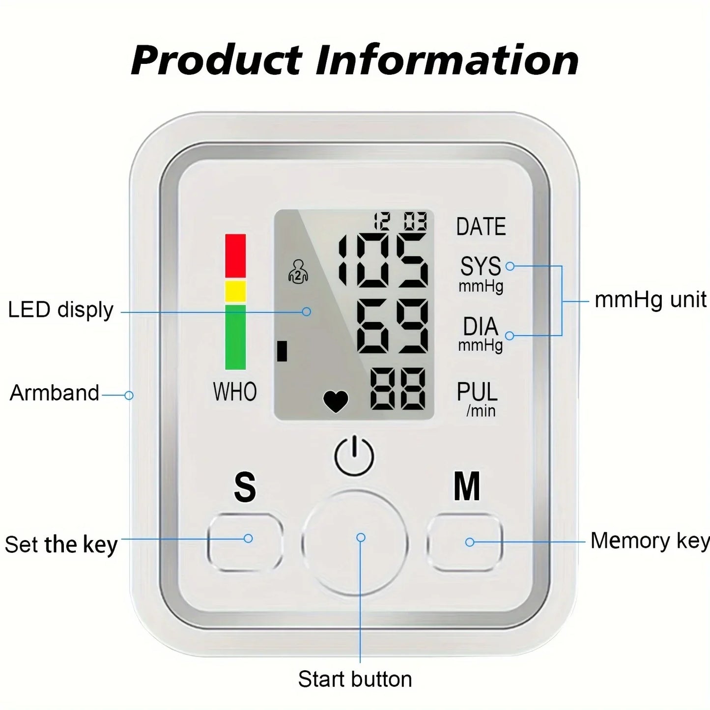 Upper Arm Automatic Blood Pressure Monitor BP Sphygmomanometer Pressure Meter Tonometer for Measuring Arterial Pressure