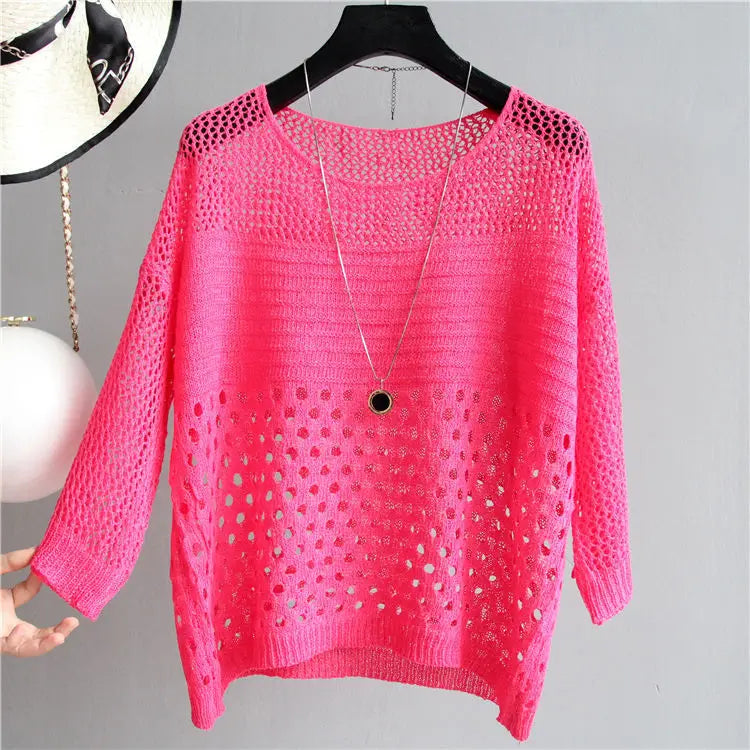 2022 new summer style loose cut out knitwear thin sun protection clothing women's round neck knitwear half-sleeved pullover