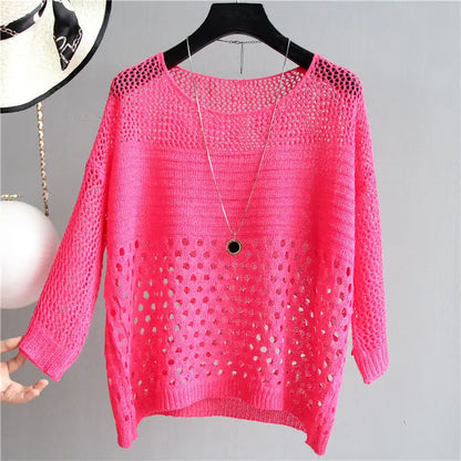 2022 new summer style loose cut out knitwear thin sun protection clothing women's round neck knitwear half-sleeved pullover
