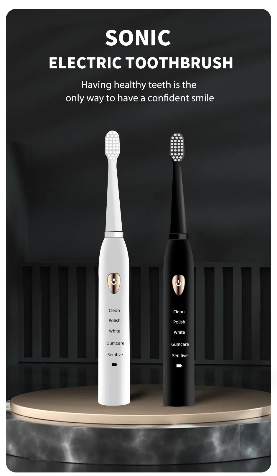 Jianpai Brosse à dents électrique acoustique classique noire et blanche pour adulte, 5 modes, chargement USB, étanche IPX7, électrique acoustique
