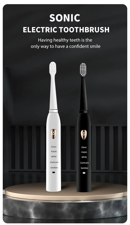 Jianpai Brosse à dents électrique acoustique classique noire et blanche pour adulte, 5 modes, chargement USB, étanche IPX7, électrique acoustique