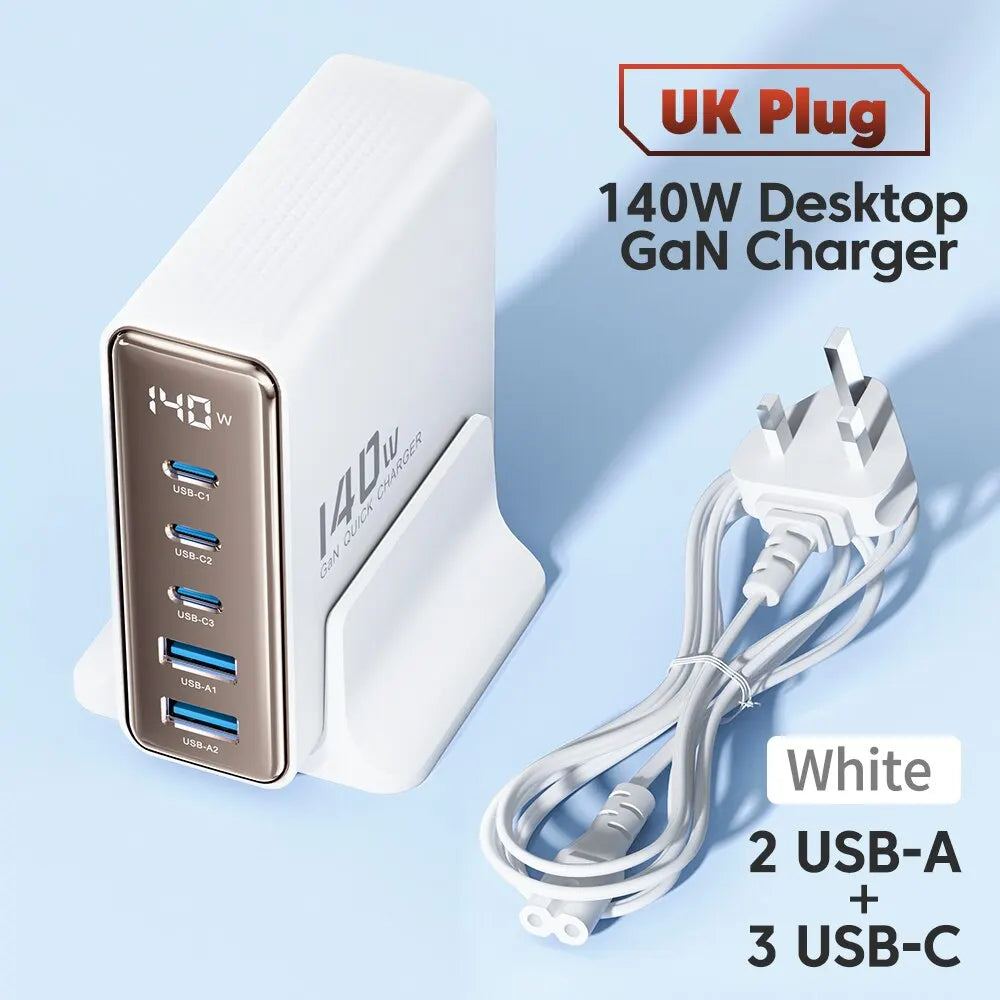 Chargeur USB Toocki 140W GaN 5-en-1 de bureau à charge rapide Type C avec affichage LED pour iPhone Xiaomi Smartphone Ordinateur portable