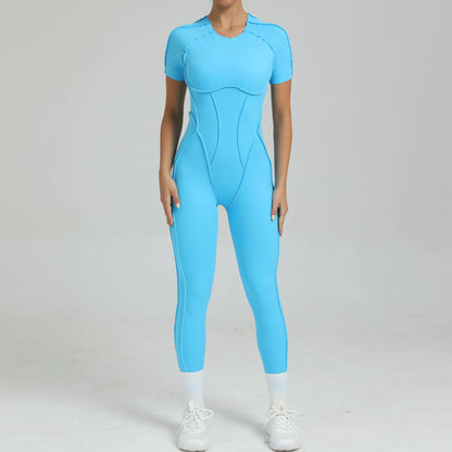 Women's One-Piece Suit Zipper Short Sleeve Gym Push Up Workout Clothes Fitness Short Bodysuit Sportswear Jumpsuits