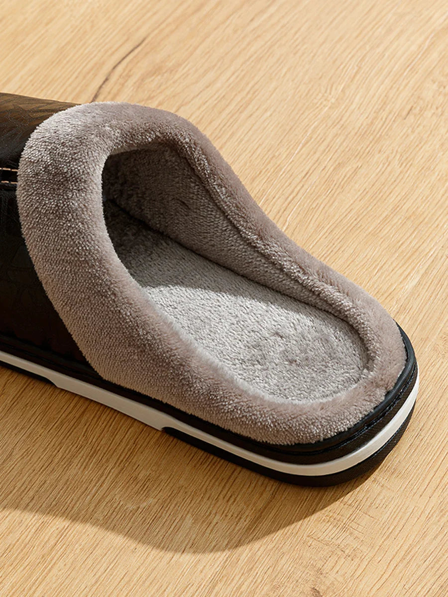 Pantoufles d'intérieur en cuir PU grandes tailles pour hommes, imperméables, plates, en fourrure, pour l'hiver, en coton, pour la chambre à coucher