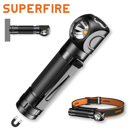 Nouvelle lampe frontale LED SUPERFIRE TH04 rechargeable Type C Phare 90° Lampe de poche 18650 avec aimant indicateur, Lampe frontale