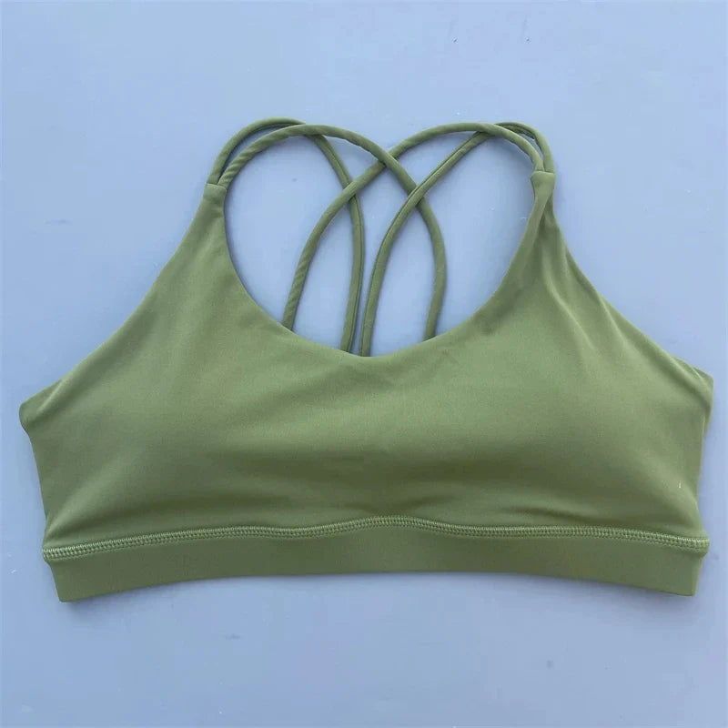 Soutien-gorge de sport uni doux haute résistance pour femme – Haut de sport serré pour entraînement complet, gym, yoga, sous-vêtement serré avec coussinet de poitrine