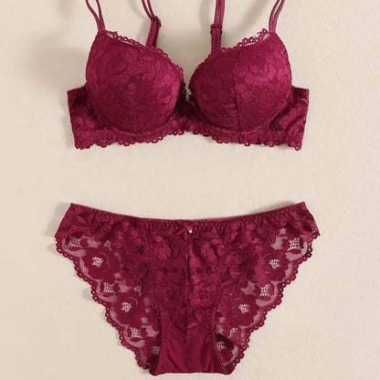1 Set Elegant Erotic Lace Embroidery Breathable Fabric Lingeries : Push-Up Bra, Low Waist Sheer Panty - Ultimate Valentine's Day