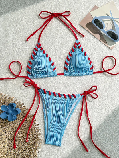 2025 Halter Wrinkled Weave Bikini Women Swimwear Female Swimsuit Two Pieces Bikini Set Brazilian Bathing Suit Swim Beach Wear