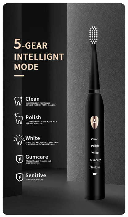 Jianpai Brosse à dents électrique acoustique classique noire et blanche pour adulte, 5 modes, chargement USB, étanche IPX7, électrique acoustique