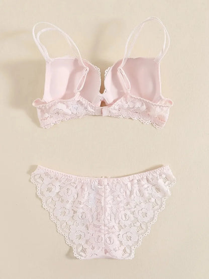 1 Set Elegant Erotic Lace Embroidery Breathable Fabric Lingeries : Push-Up Bra, Low Waist Sheer Panty - Ultimate Valentine's Day
