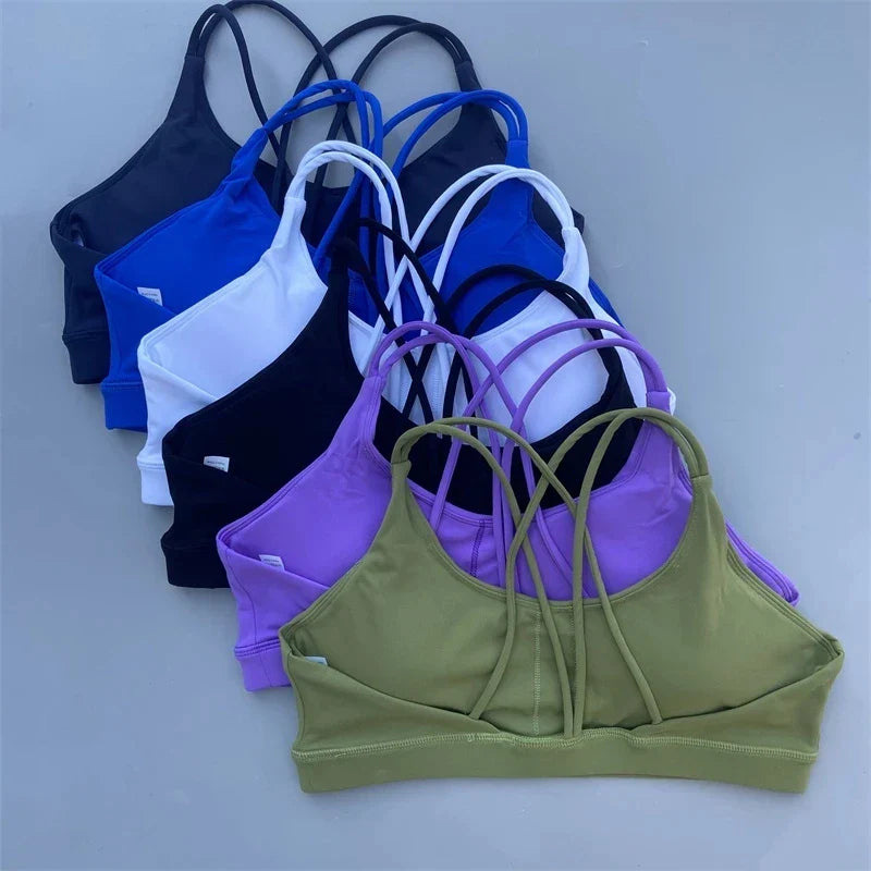 Soutien-gorge de sport uni doux haute résistance pour femme – Haut de sport serré pour entraînement complet, gym, yoga, sous-vêtement serré avec coussinet de poitrine