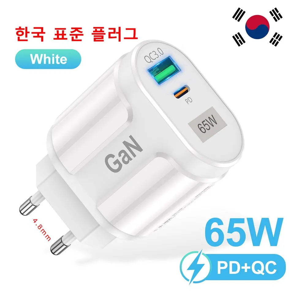 USLION 65W GaN USB C Charger Quick Charge Korea EU US Plug PD USB-C TypeC Fast USB Charger For iPhone 14 Xiaomi Samsung Macbook