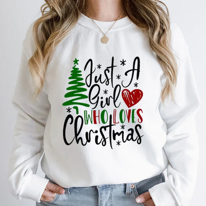 Just A Girl Who Loves Christmas Print Pullovers Women Fashion Pure Color Round Neck Hoodless Sweatshirt Autumn Winter Sweatshirt