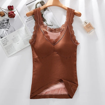40-90 Kg Plus Size Thermal Underwear Female Velvet Lace V-neck Sexy Slim Warm Vest Camisole Cotton Tank Tops термобелье женское