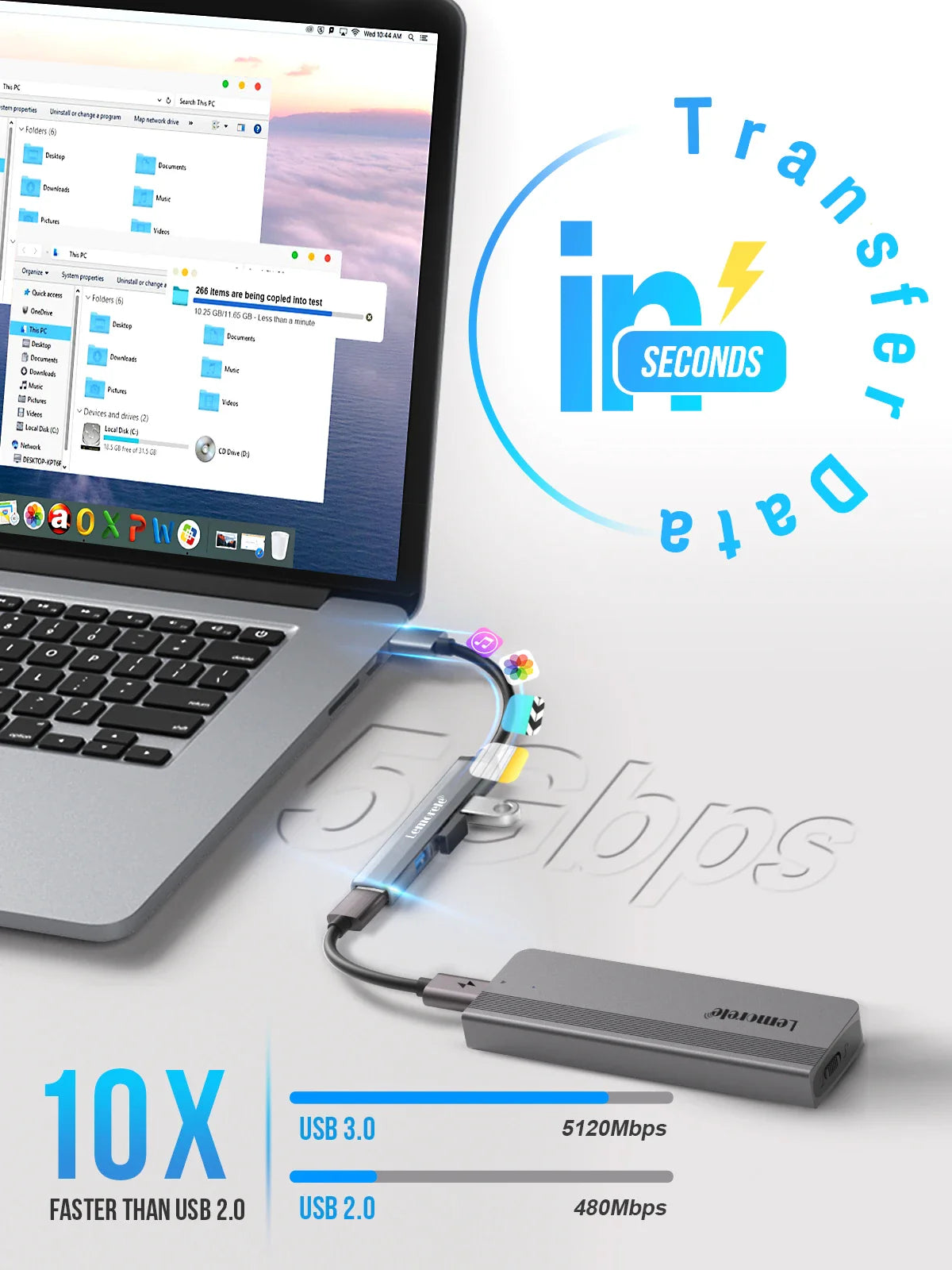 Lemorele Adaptateur USB OTG 4 ports 120 cm Adaptateur multi-répartiteur USB A 3.0 Accessoires pour ordinateur portable Xiaomi Lenovo Macbook Pro