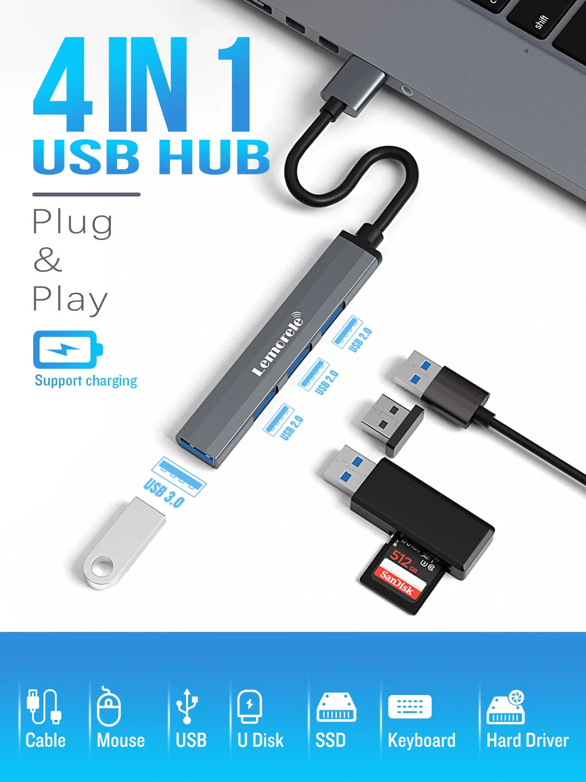Lemorele Adaptateur USB OTG 4 ports 120 cm Adaptateur multi-répartiteur USB A 3.0 Accessoires pour ordinateur portable Xiaomi Lenovo Macbook Pro