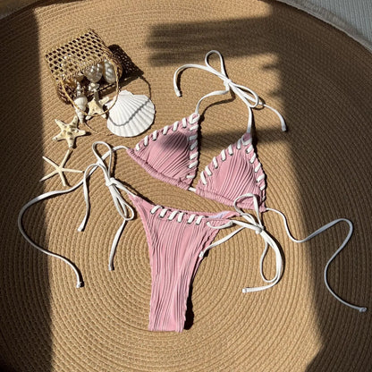 2025 Halter Wrinkled Weave Bikini Women Swimwear Female Swimsuit Two Pieces Bikini Set Brazilian Bathing Suit Swim Beach Wear