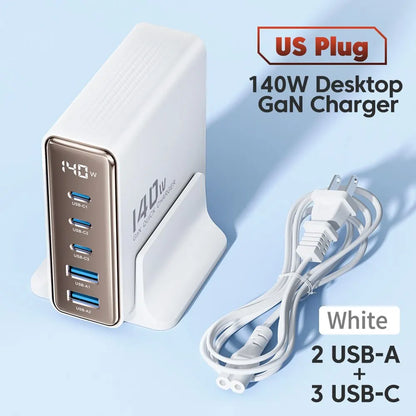 Chargeur USB Toocki 140W GaN 5-en-1 de bureau à charge rapide Type C avec affichage LED pour iPhone Xiaomi Smartphone Ordinateur portable