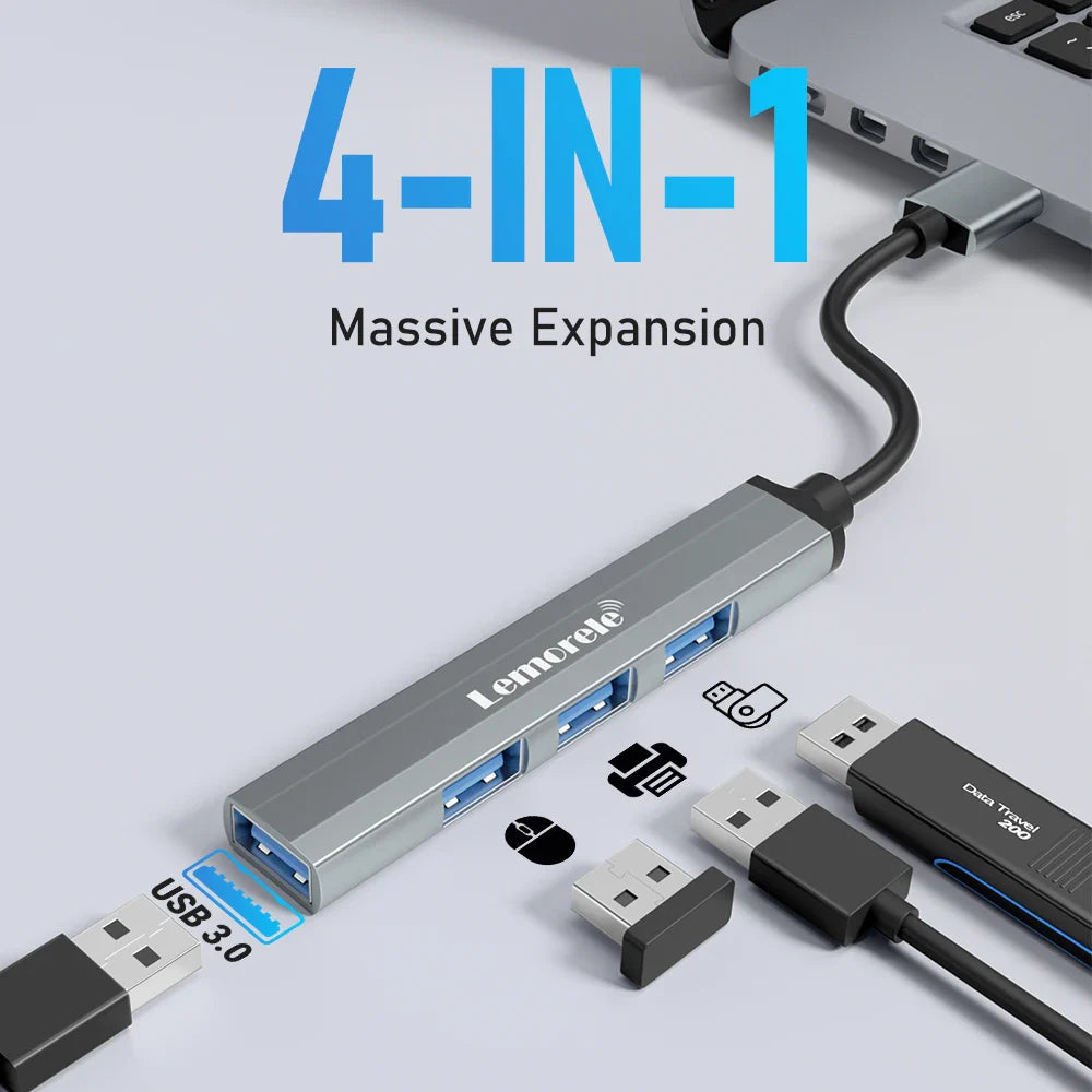 Lemorele Adaptateur USB OTG 4 ports 120 cm Adaptateur multi-répartiteur USB A 3.0 Accessoires pour ordinateur portable Xiaomi Lenovo Macbook Pro