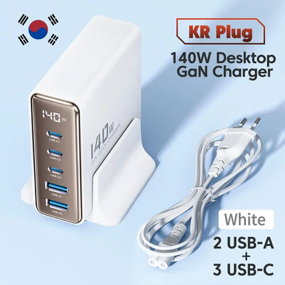 Chargeur USB Toocki 140W GaN 5-en-1 de bureau à charge rapide Type C avec affichage LED pour iPhone Xiaomi Smartphone Ordinateur portable