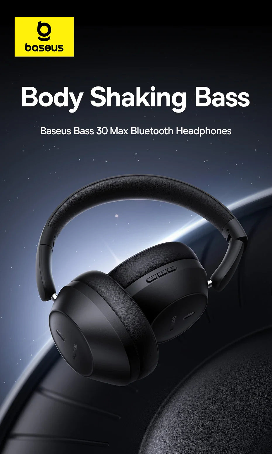 Casque Bluetooth sans fil Baseus Bass 30 Max – Bluetooth 5.3 – Écouteurs supra-auriculaires à diaphragme de 40 mm avec basses renforcées et latence ultra-faible – Autonomie 50h