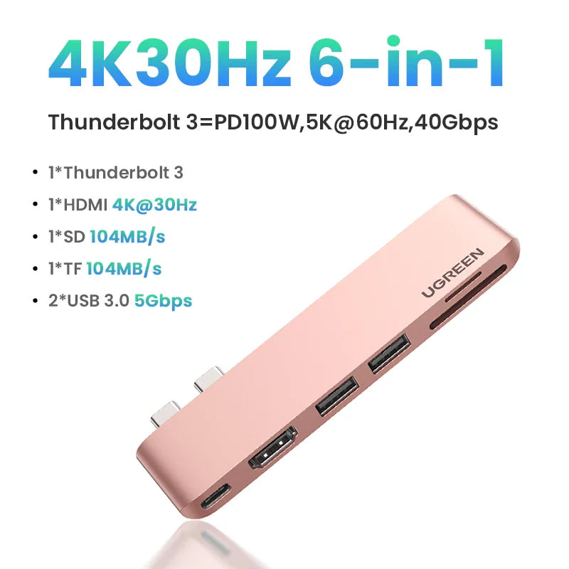 UGREEN Hub USB C 6-en-2 Type-C vers Thunderbolt 3 4K HDMI USB3.0 Adaptateur SD&TF pour MacBook Pro Air Station d'accueil Répartiteur USB-C