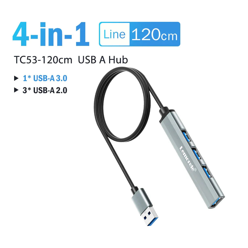Lemorele Adaptateur USB OTG 4 ports 120 cm Adaptateur multi-répartiteur USB A 3.0 Accessoires pour ordinateur portable Xiaomi Lenovo Macbook Pro