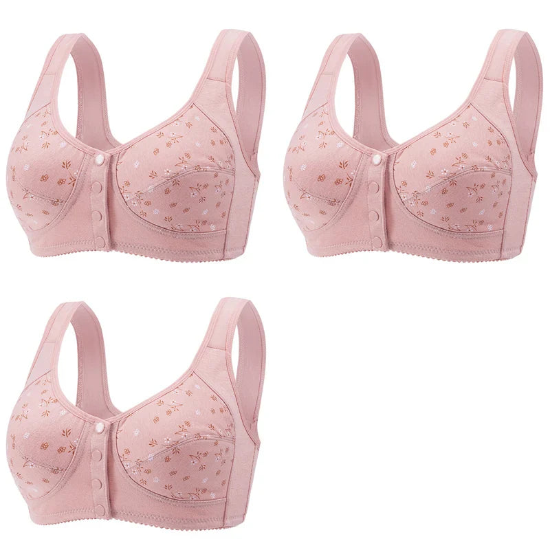 3Pcs/Set Women Lingerie Bra Cotton Wire Free Front Closure Bralette Confortable Underwear Widened Shoulder Straps U-shaped Back