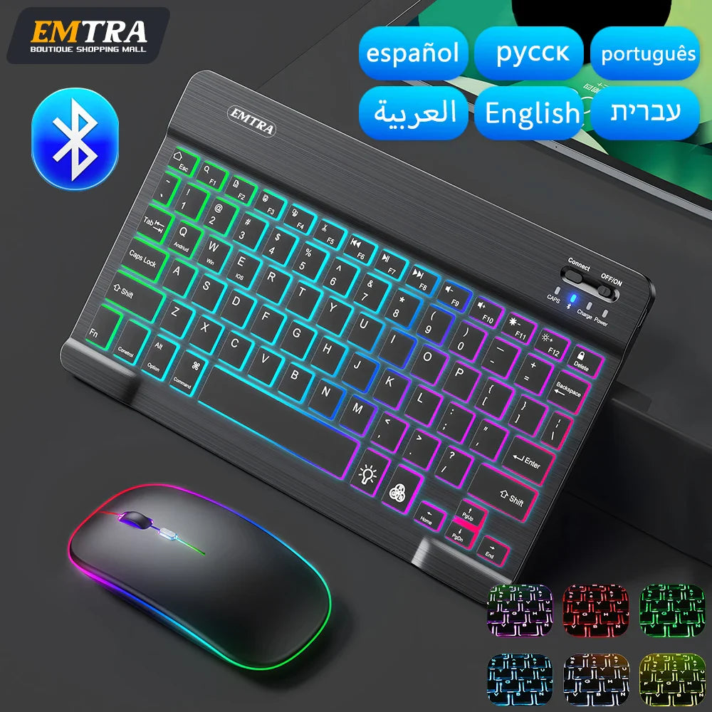EMTRA Clavier et souris Bluetooth rétroéclairés pour iOS, Android, Windows, iPad, clavier portugais, clavier espagnol